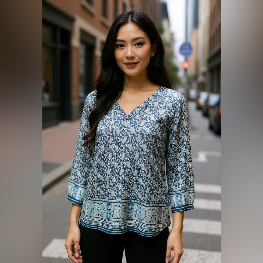 Floral Blue and Cream Boho Women's Top